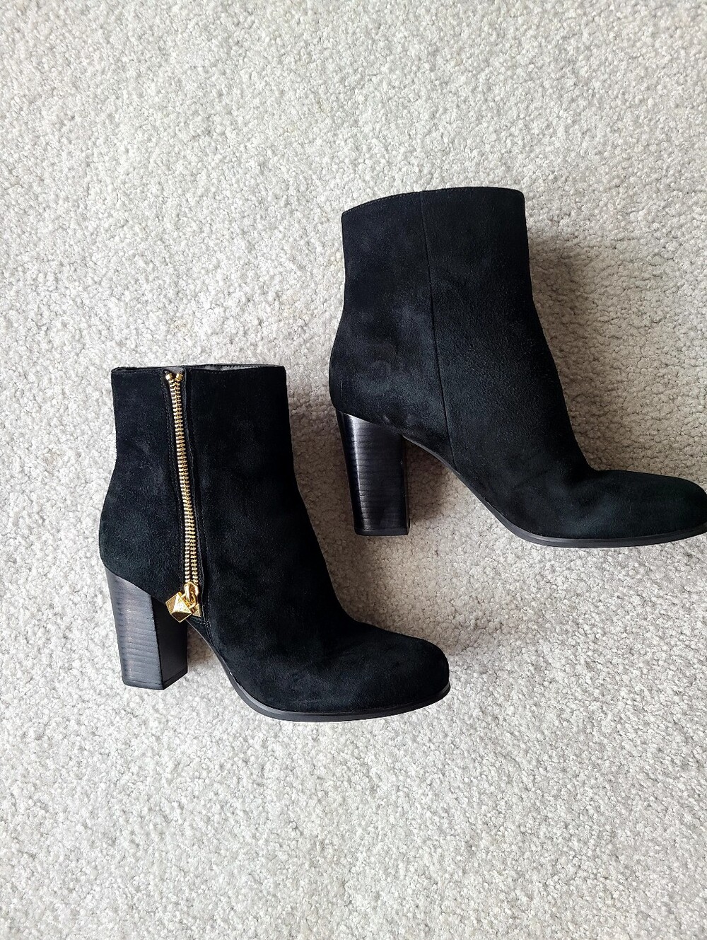 Michael Kors Black Suede Gold-Zip Block Heel Ankle Boots